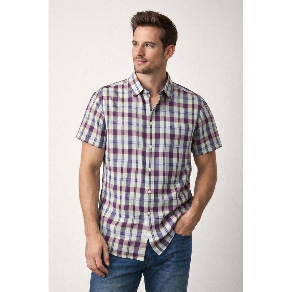 Banana Republic Shirt Camden Standard Fit Small Purple Plaid Linen Short Sleeve